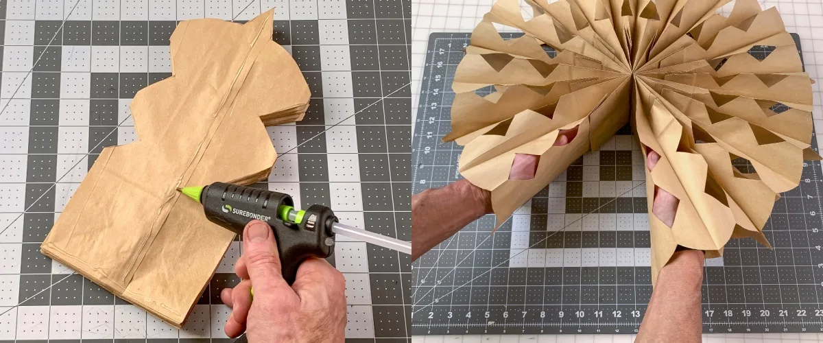 adding hot glue to one side of the paper bags and forming a snowflake
