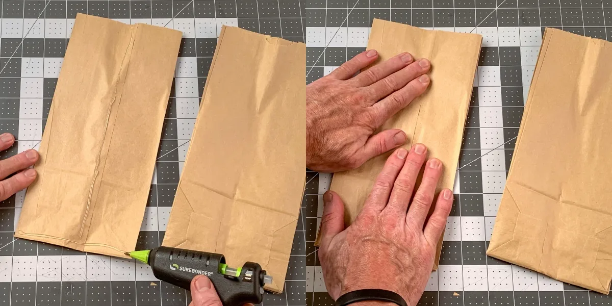 adding hot glue to the paper bags and smoothing them down together