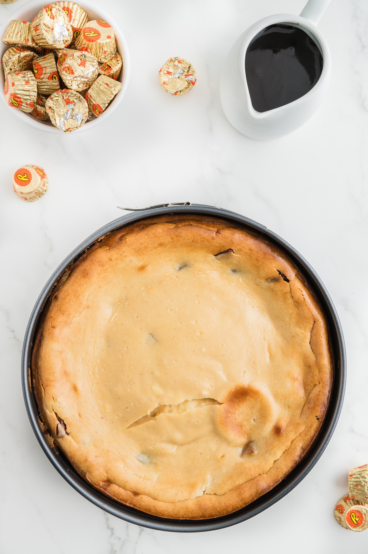 baked reeses cheesecake in a springform pan