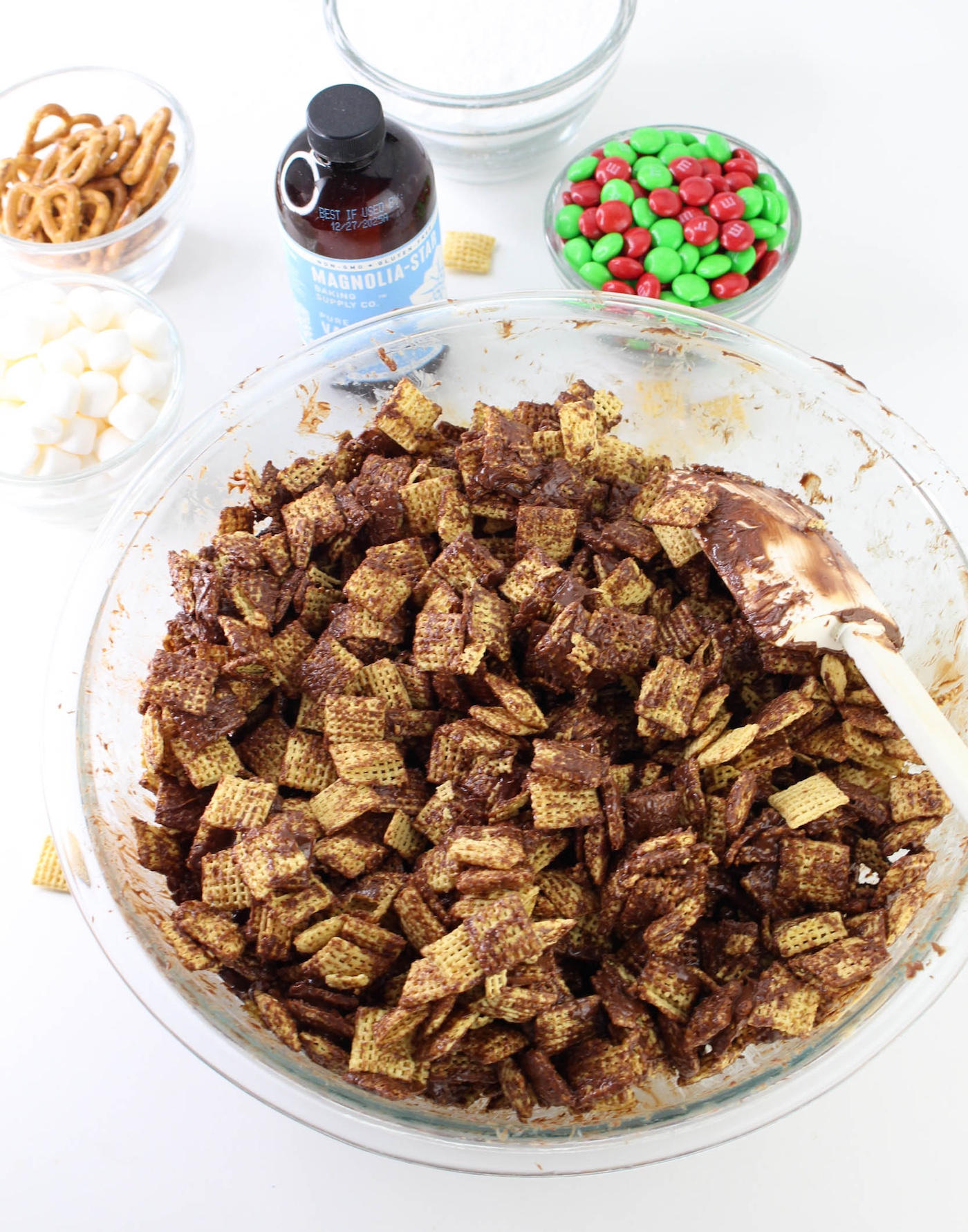 Chex cereal mixed with melted peanut butter and chocolate