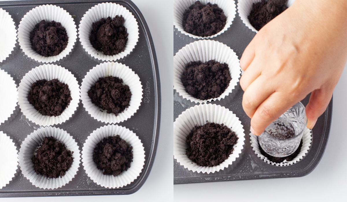 Crushed Oreo added to the muffin cups and pressed down with a shot glass