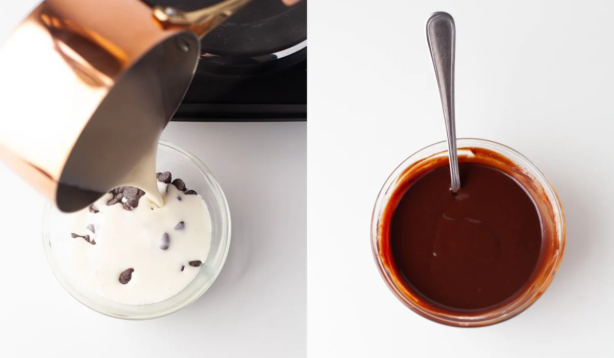 making the chocolate ganache by pouring hot heavy cream on chocolate chips