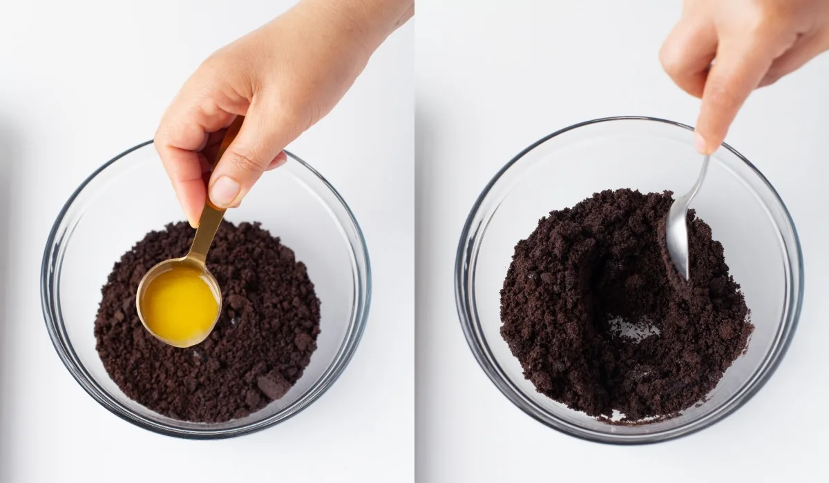 mixing butter with crushed Oreo crumbs