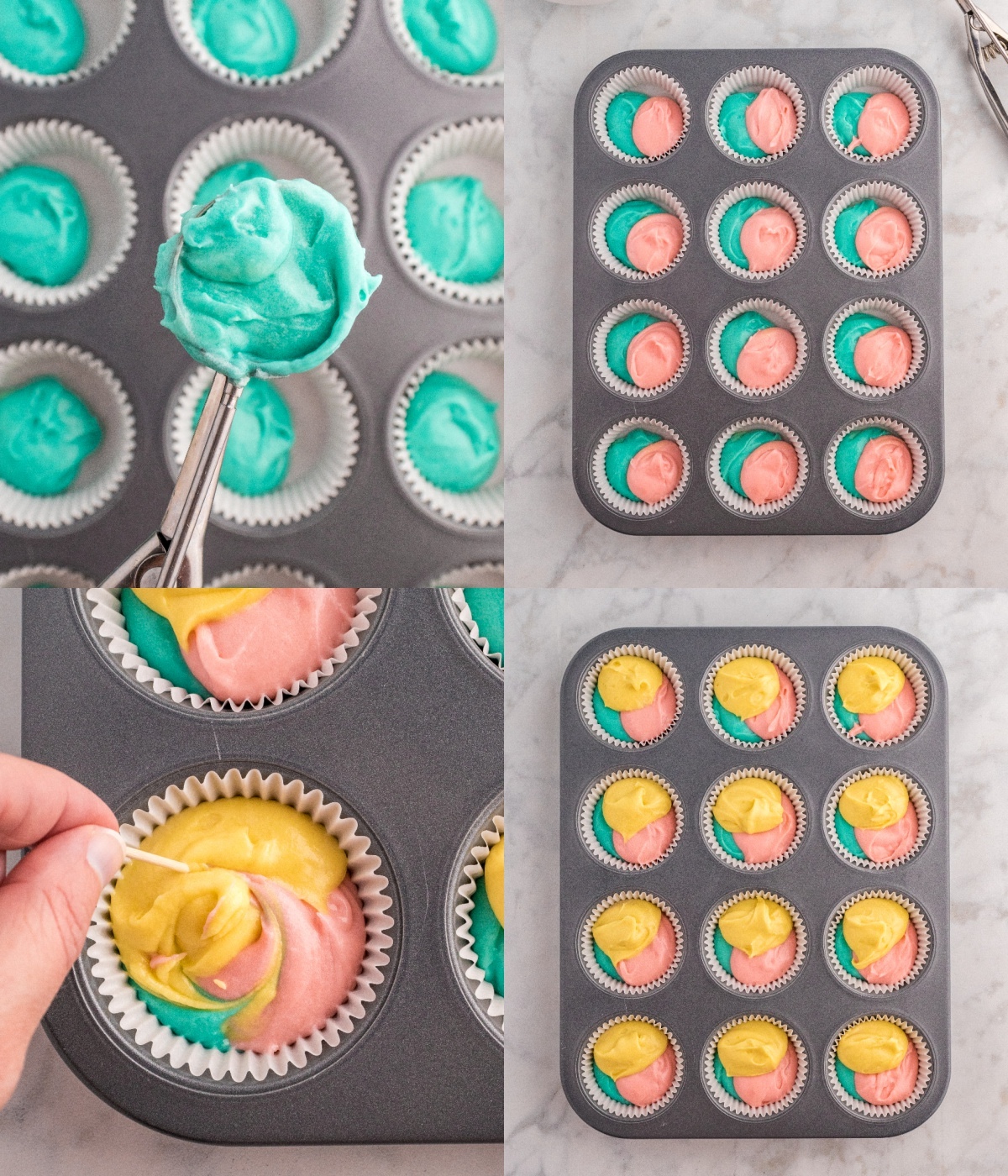 Adding the cupcake batter to the liners and swirling the colors