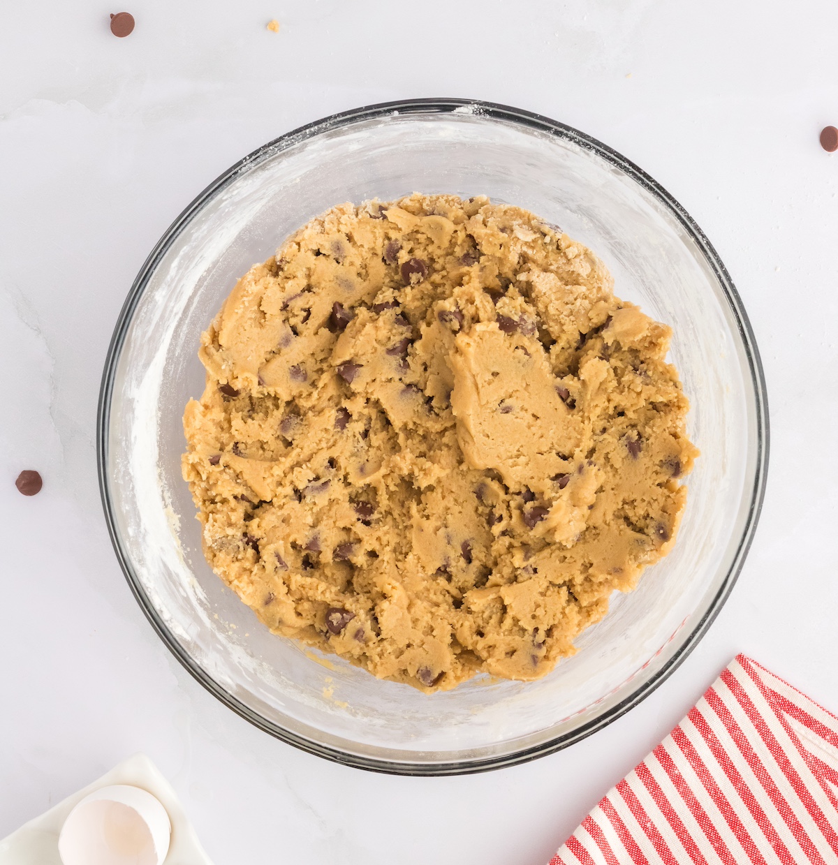 Chocolate chip cookie dough mixed and ready to be chilled