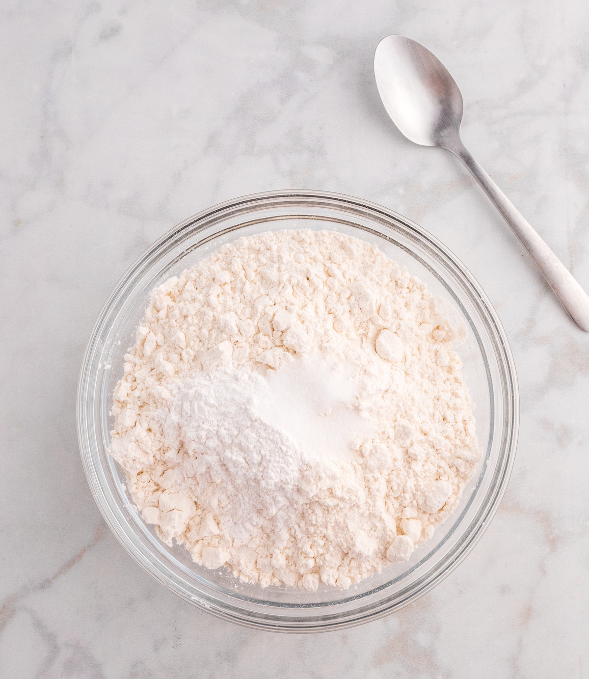 Whisk Flour, Baking Powder, and Salt in a glass bowl