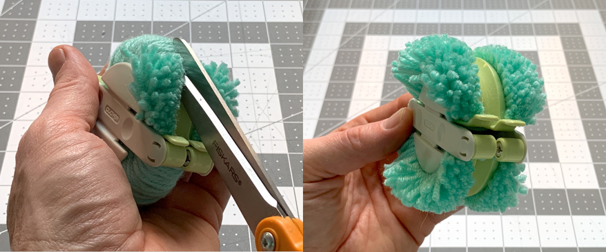 cutting the yarn in the pom pom tool on both sides