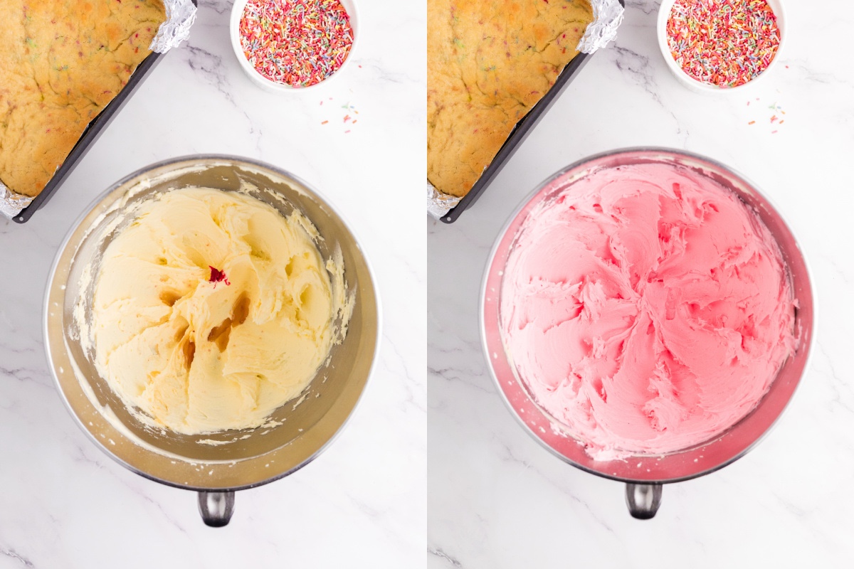 dyeing buttercream frosting with pink food coloring