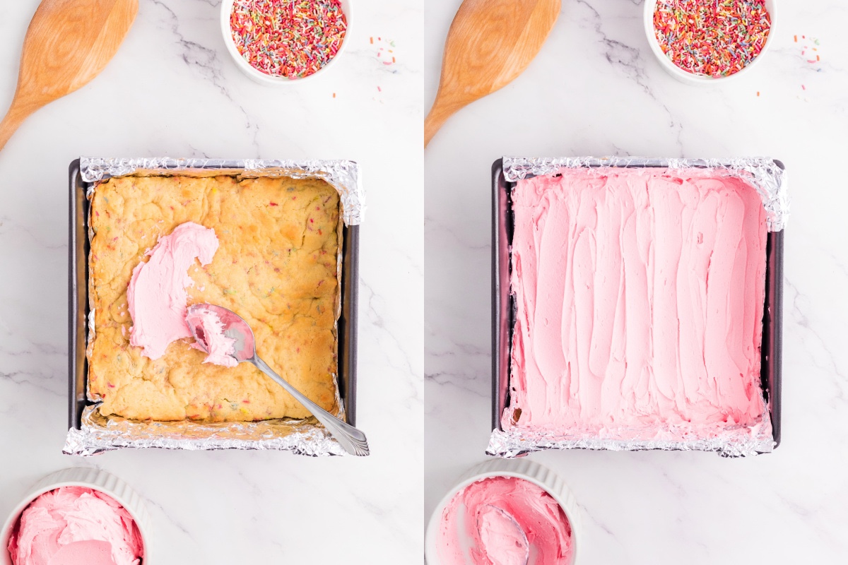 frosting the sugar cookie bars with pink frosting