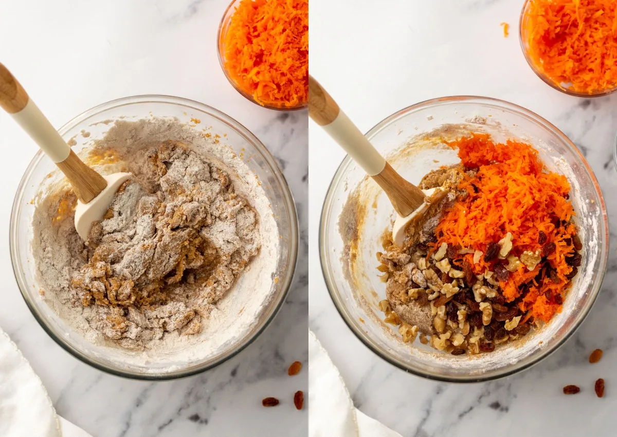 Combine dry and wet ingredients, then add grated carrots, nuts, and raisins