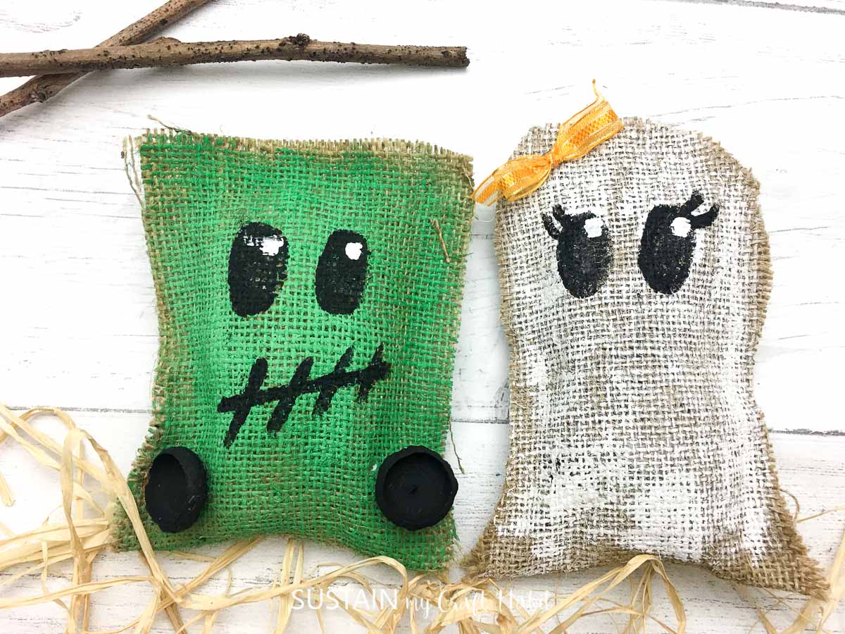 Crafting Decorative Halloween Burlap Characters - ghost and Frankenstein