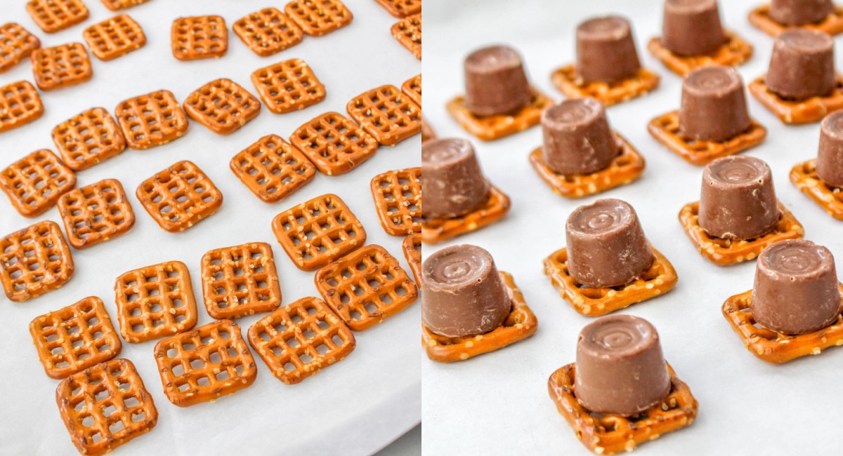 Laying out the square pretzels and putting the Rolos on top