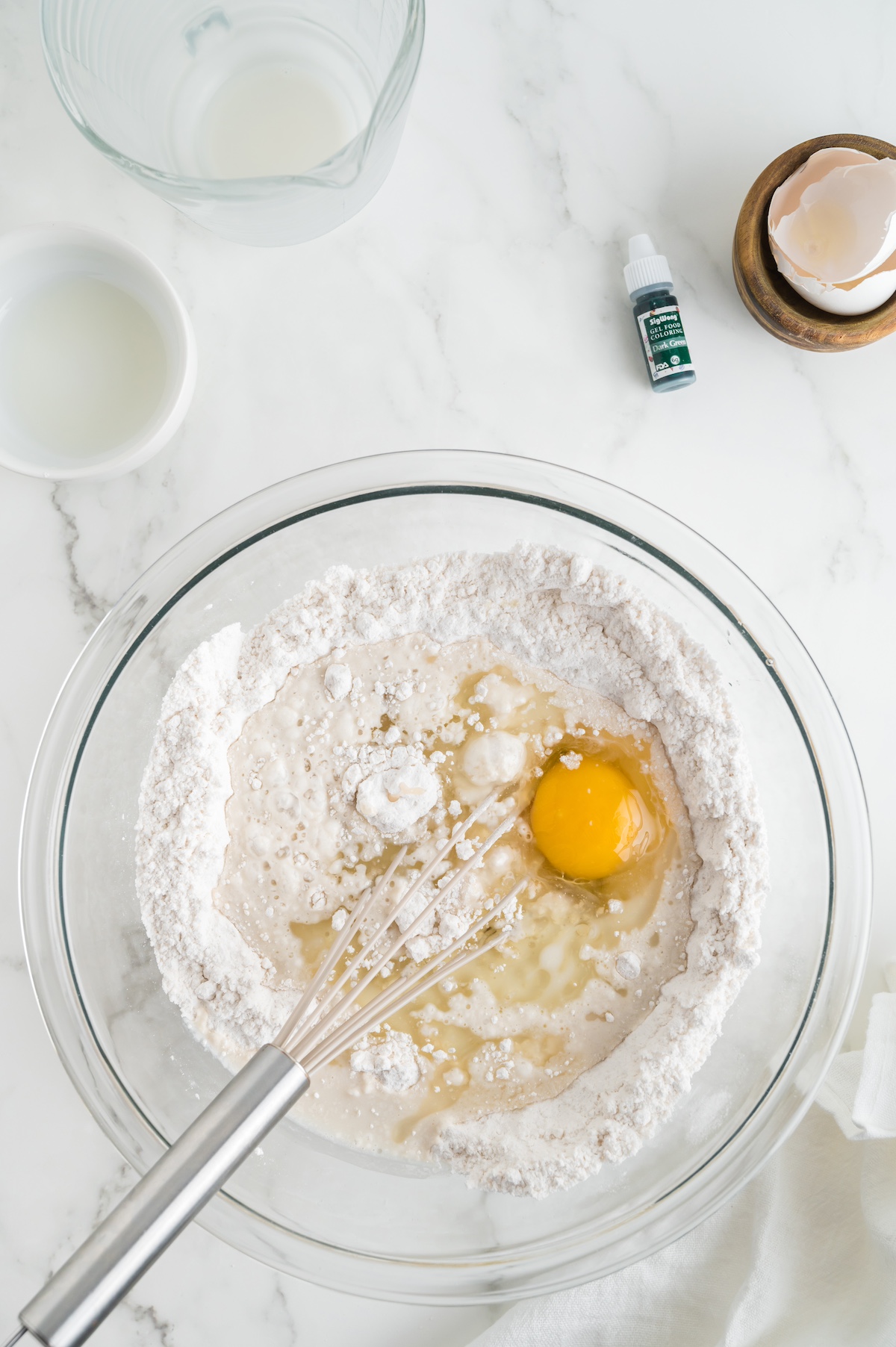Mix the eggs, milk, and oil into the dry ingredients