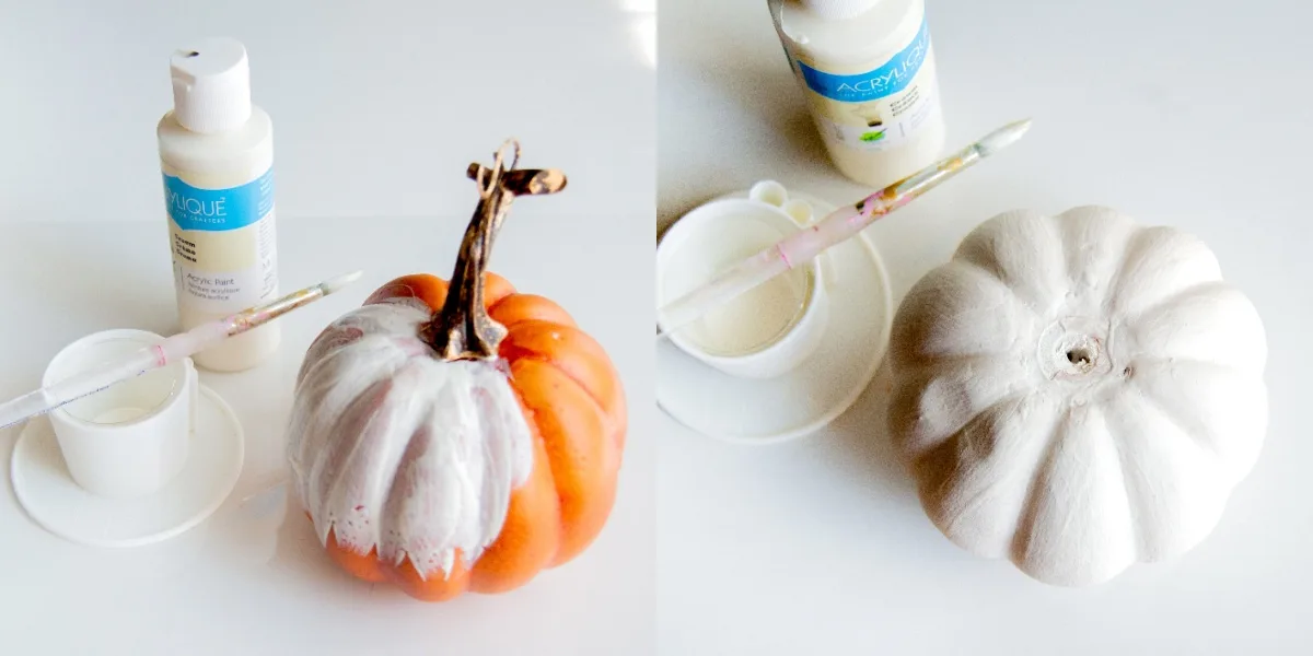 Paint the faux pumpkins with white paint, let dry, and remove stem