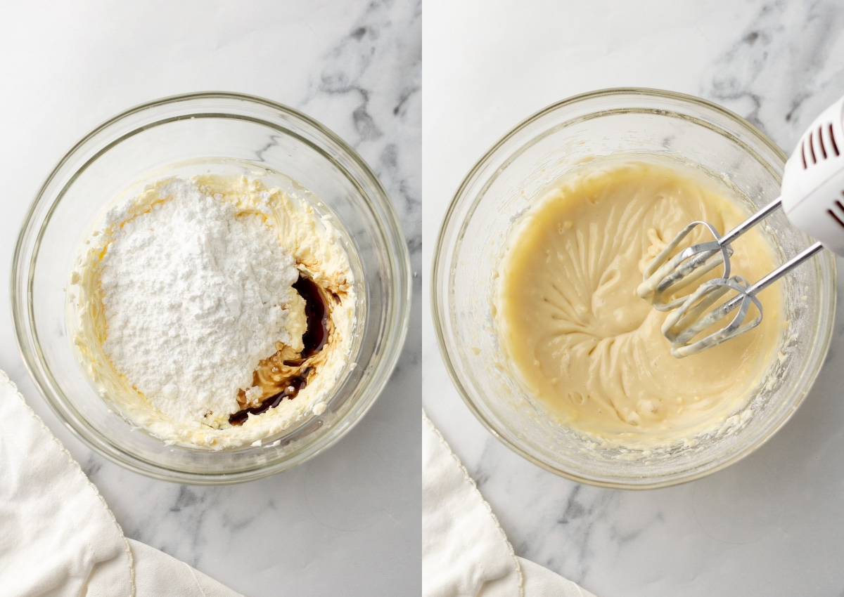 Powered sugar and vanilla added to creamed butter