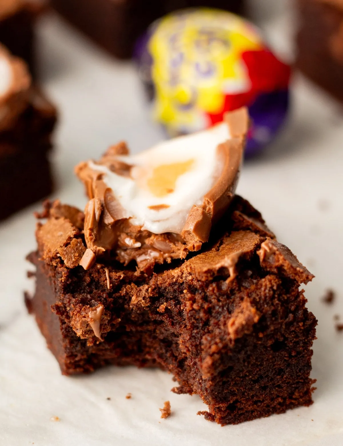 cream egg brownie with a bite taken out of it