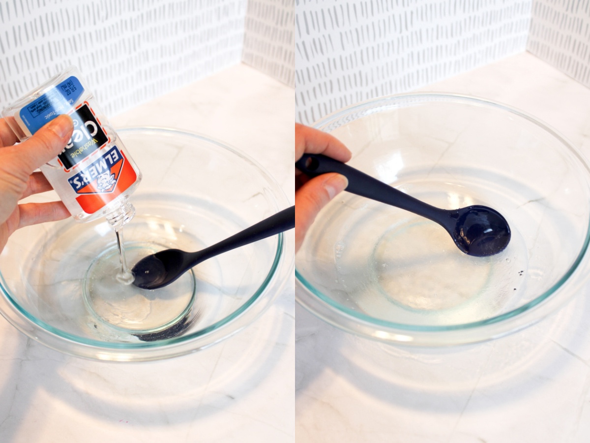 pouring clear glue into the bowl and mixing with water