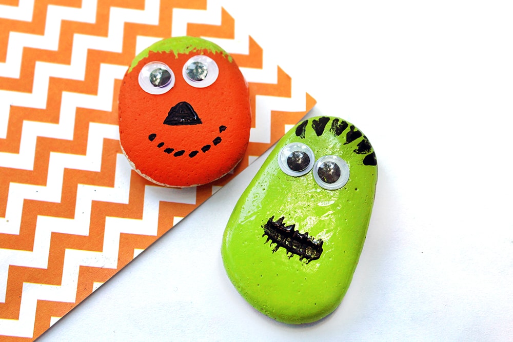 DIY Hand Painted Rocks for Halloween - Frankenstein and Jack oLantern