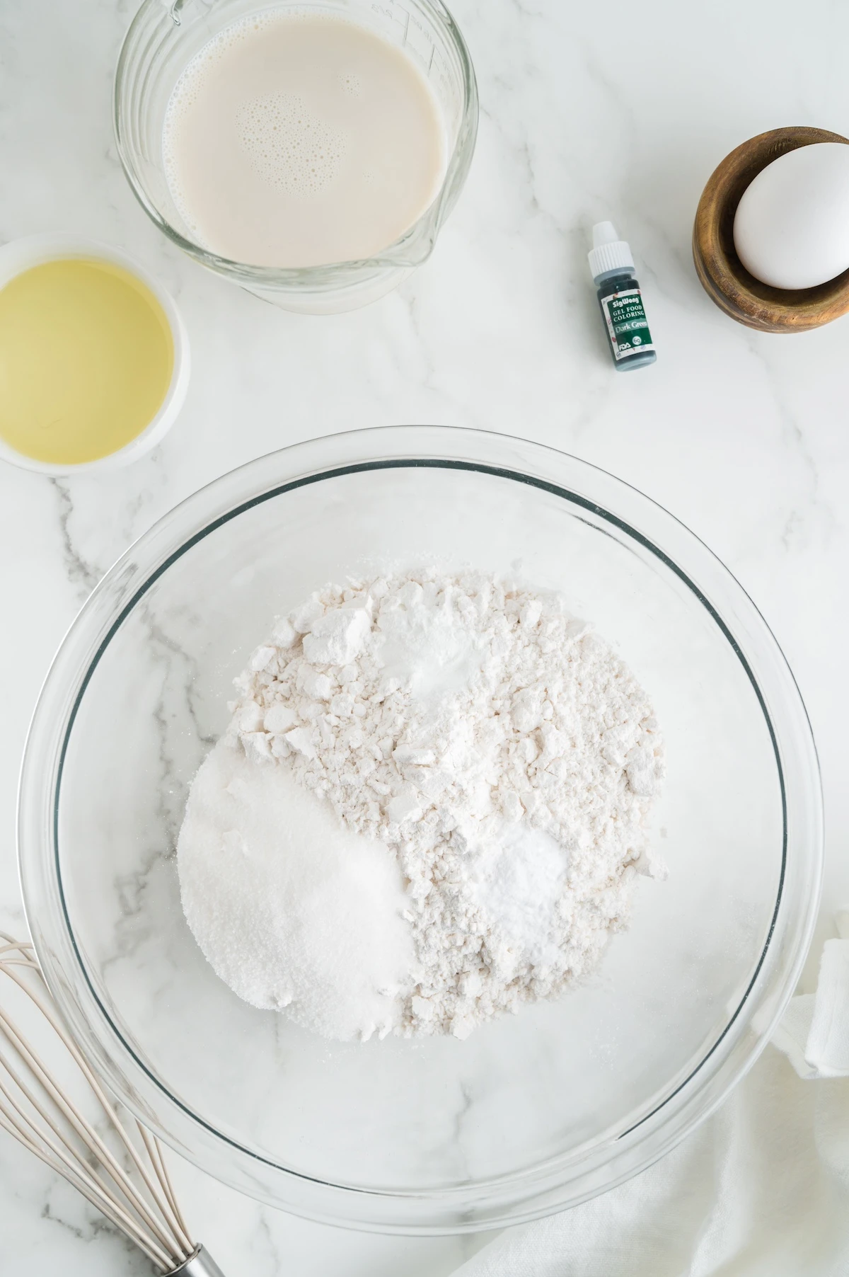 whisk together the dry ingredients flour, sugar, baking powder, and baking soda