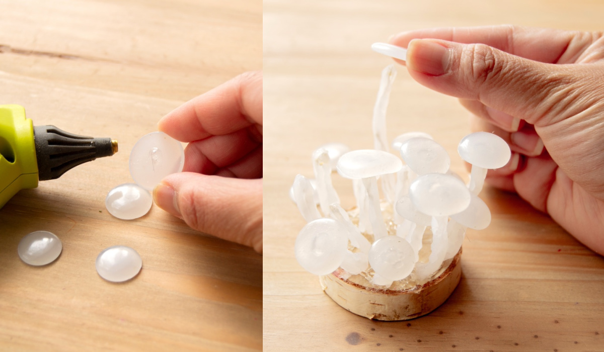 Adding the glue tops to the mushrooms