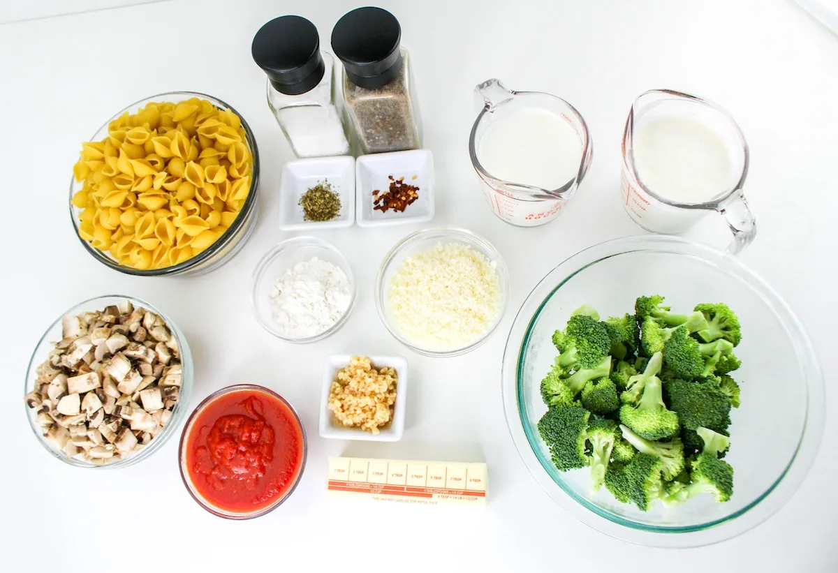 Pasta, mushrooms, tomato sauce, broccoli, milk, butter, cream, and other ingredients