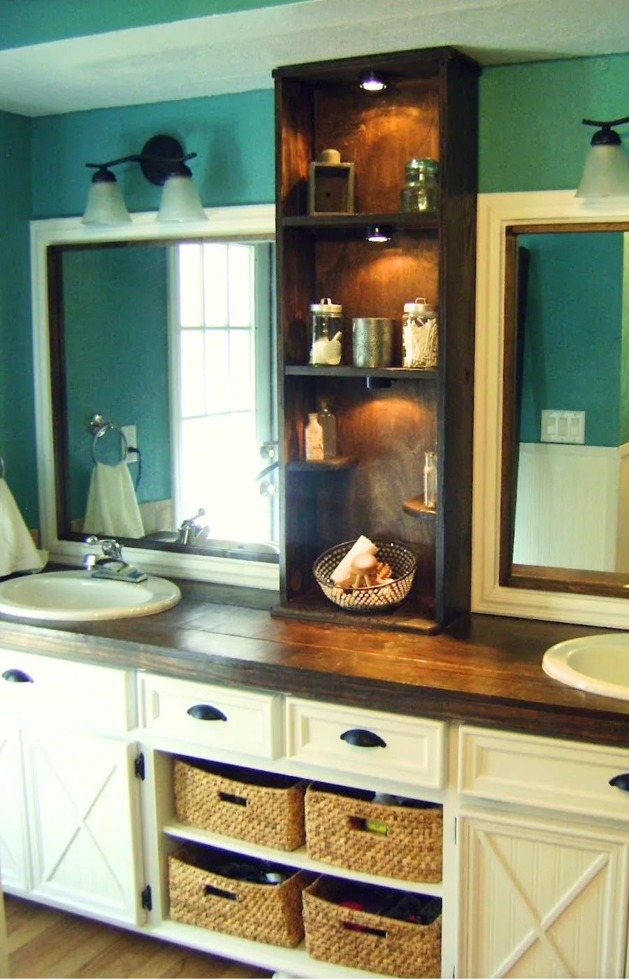 update bathroom mirror with shelving and frames