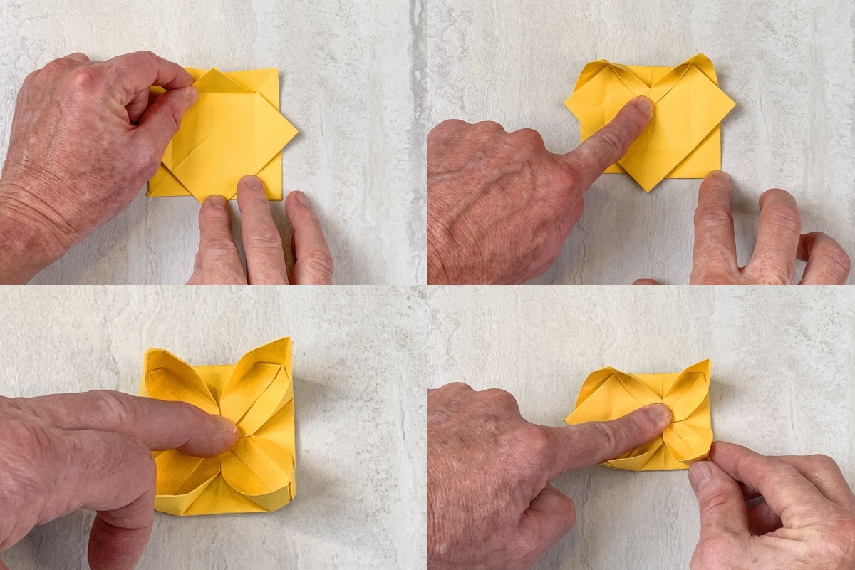 Flip the flower over and turn a quarter turn then fold in the petals
