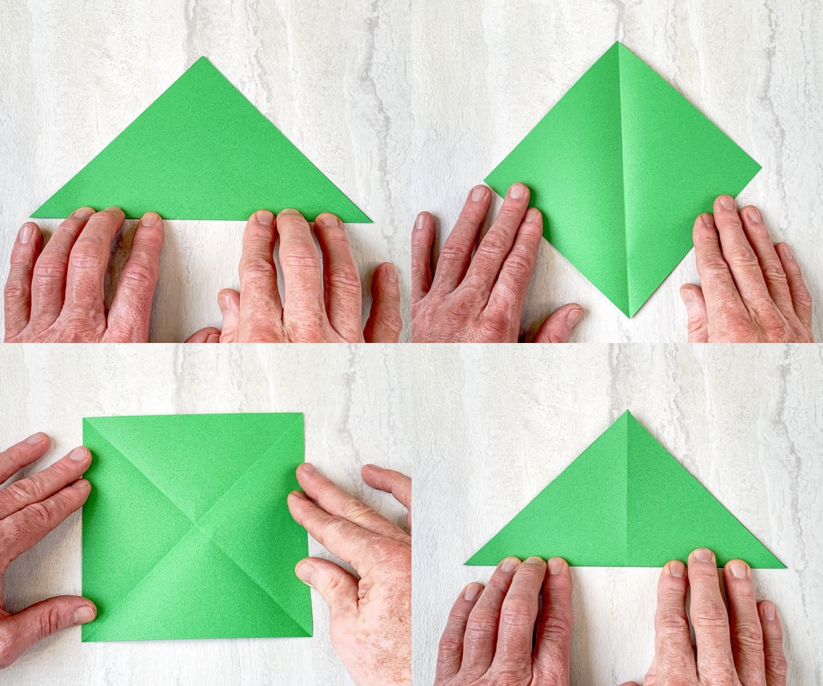 Fold into a triangle then turn and fold in half again
