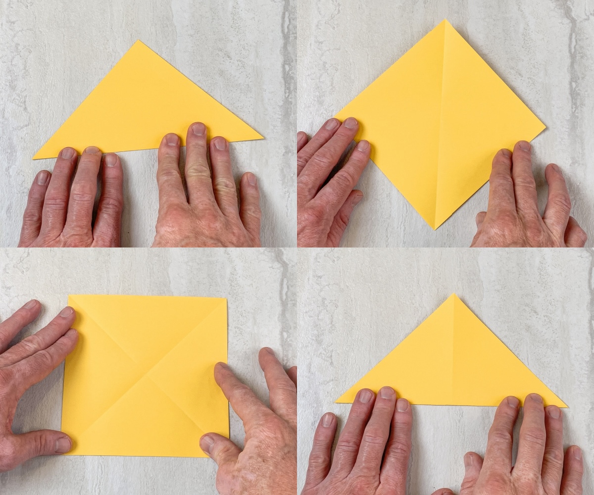 Fold the yellow paper in half as a triangle then rotate and do it again