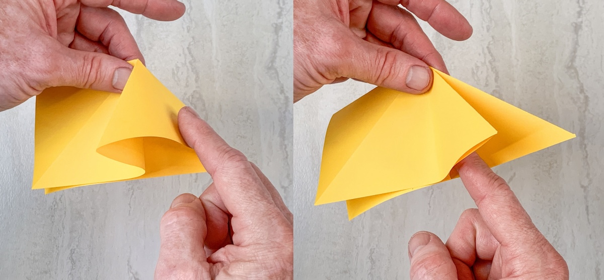 Form a triangle by pushing in one side of the paper