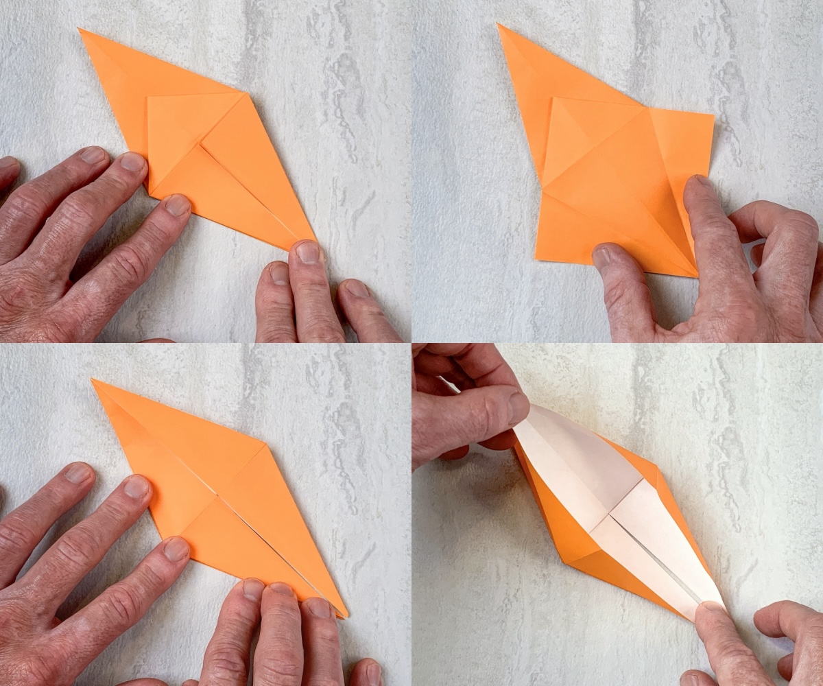 flip over and pull the end up and flatten the other side