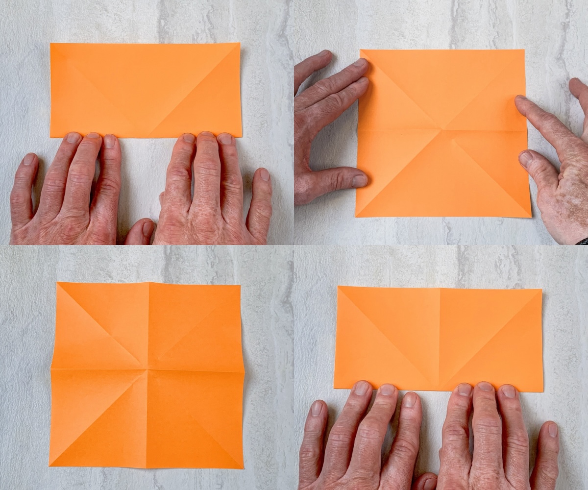 fold paper into a square, unfold and quarter turn, then fold into a square again