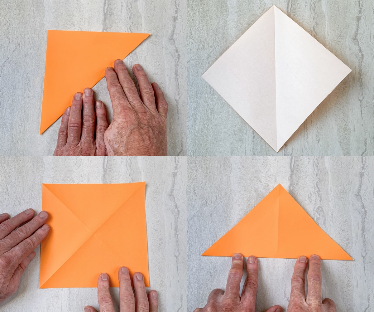fold paper into a triangle, unfold and quarter turn, then fold into a triangle again