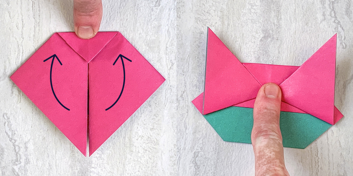 Fold down the tip of the triangle then fold up both ears