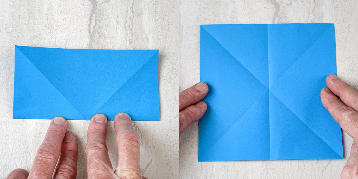 Fold the blue paper in half and then fold it in half again