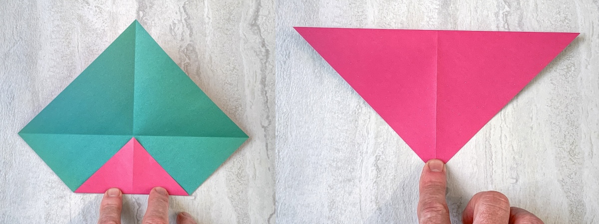 Fold the bottom point up to the middle and then bring the top flap down