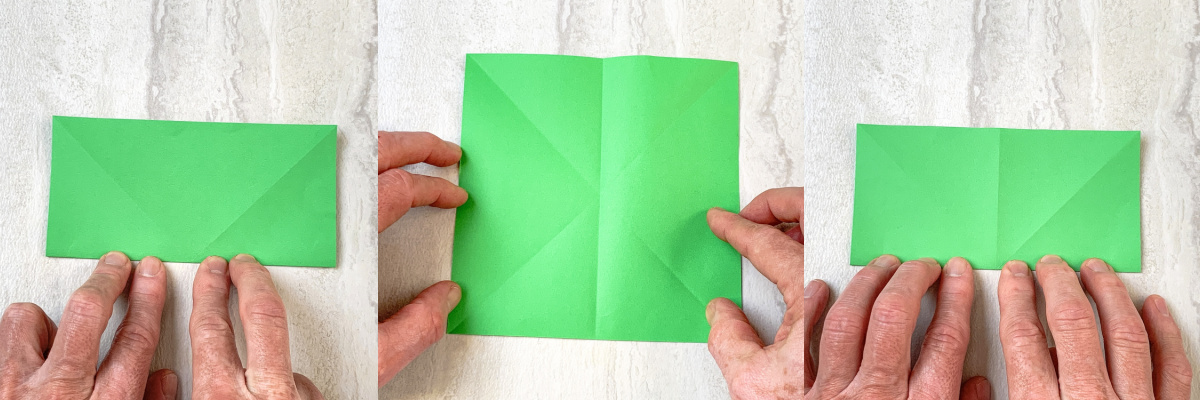 Fold the green square in half then open and fold in half again