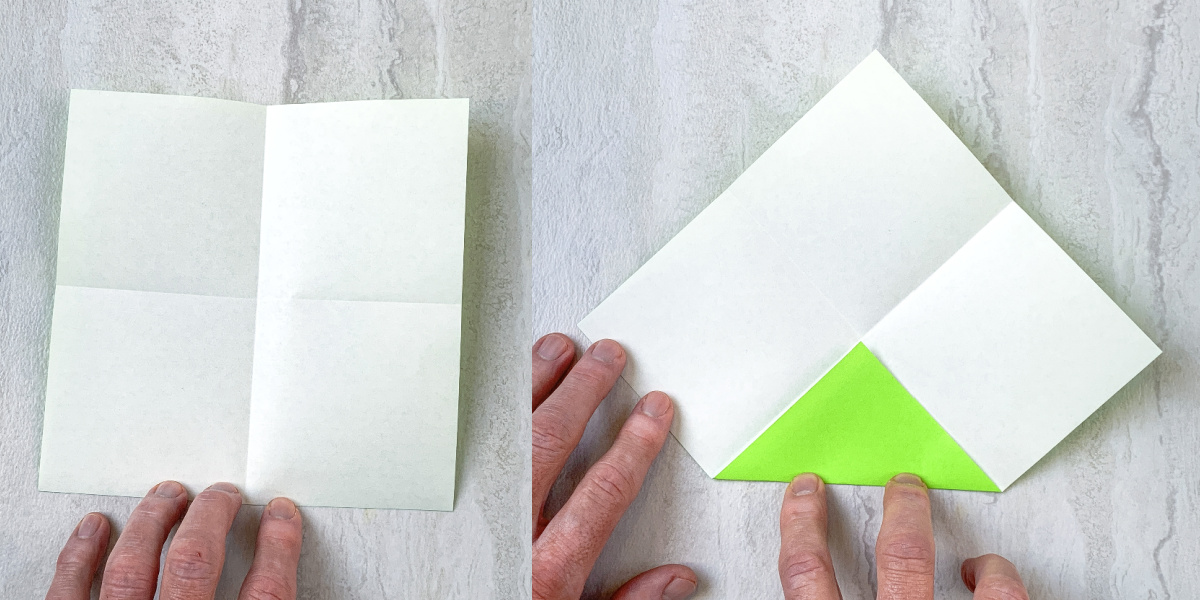 Folding all the points of the green paper in towards the middle