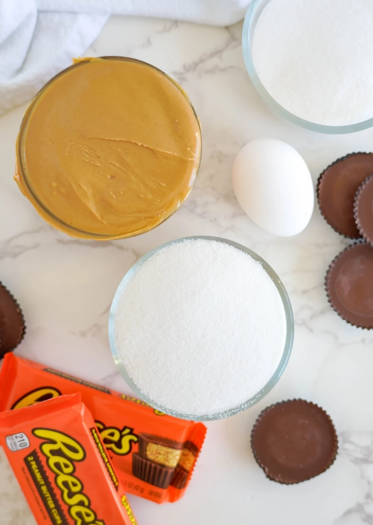 Peanut butter, egg, sugar, Reese's Pieces Cups