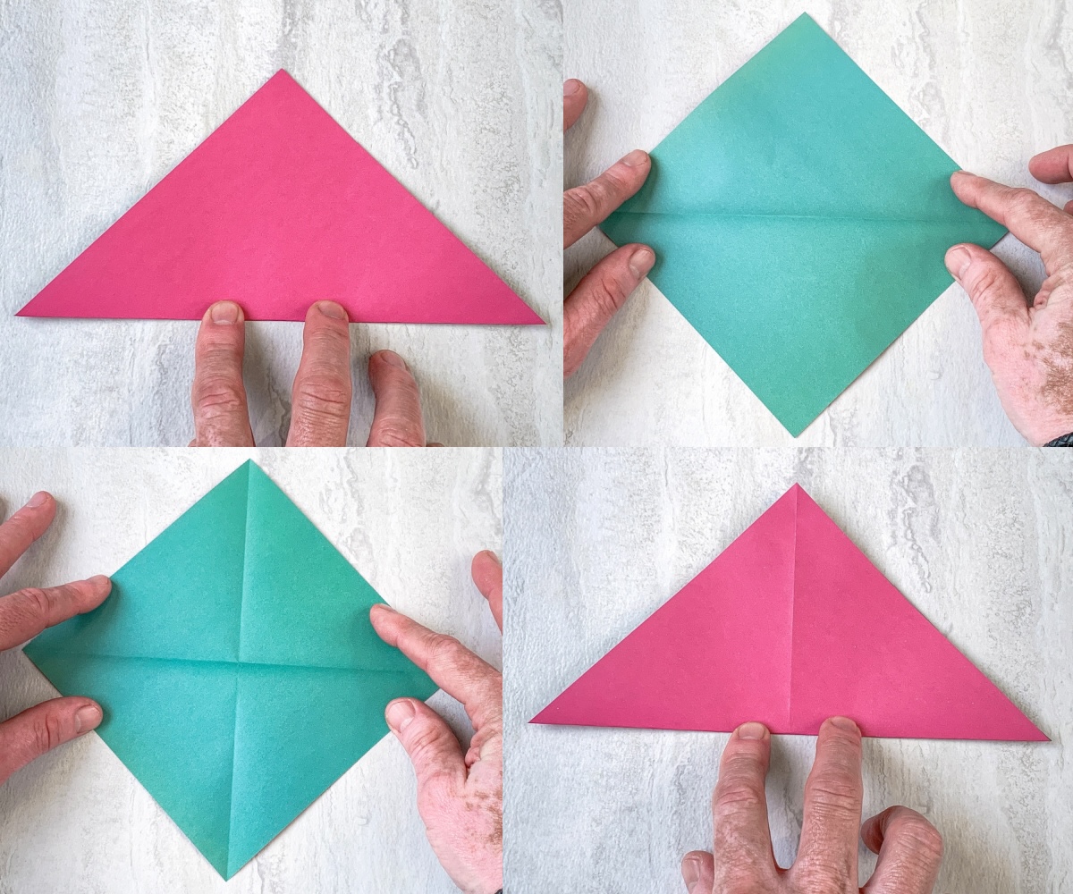 fold into a triangle, then open, then fold into a triangle the other way