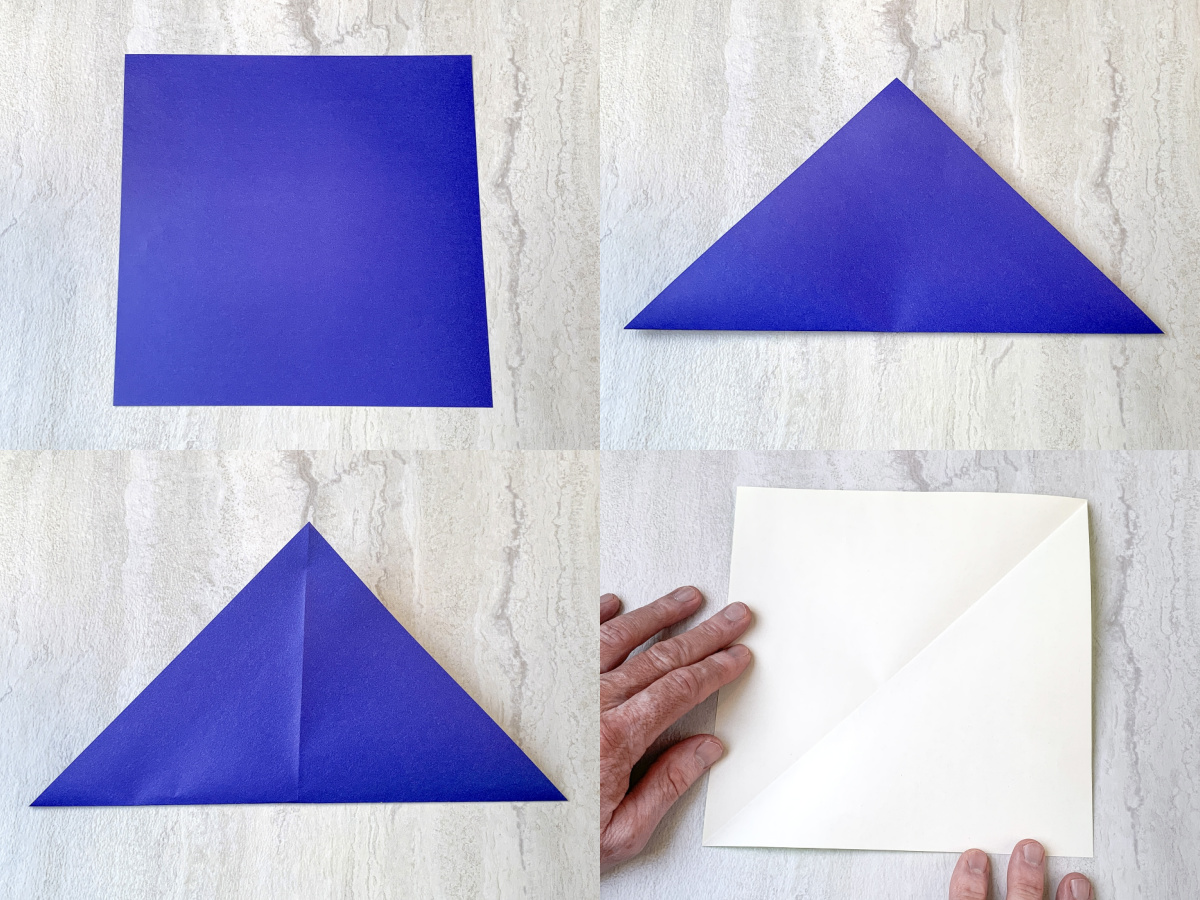 fold paper on the diagonal then open up and fold the opposite way