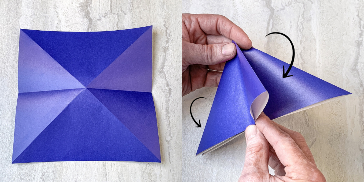 place paper flat on the surface then fold in both sides to make a triangle
