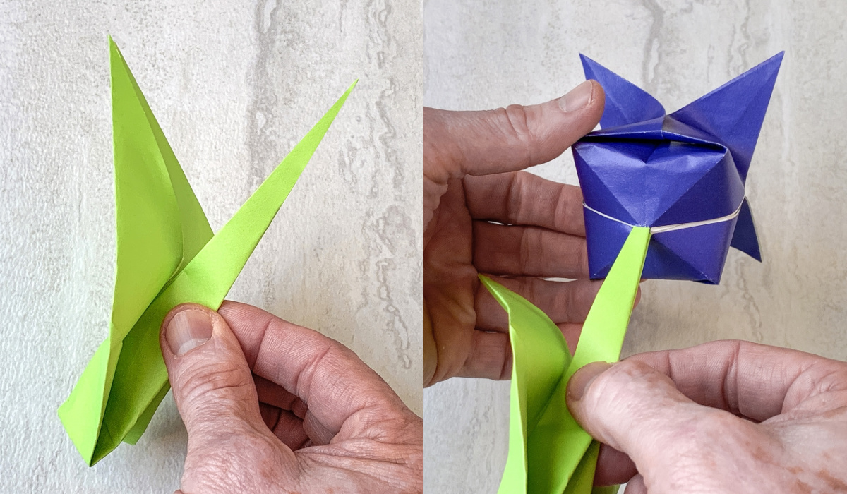 pull the leaf back and then insert into the base of the flower