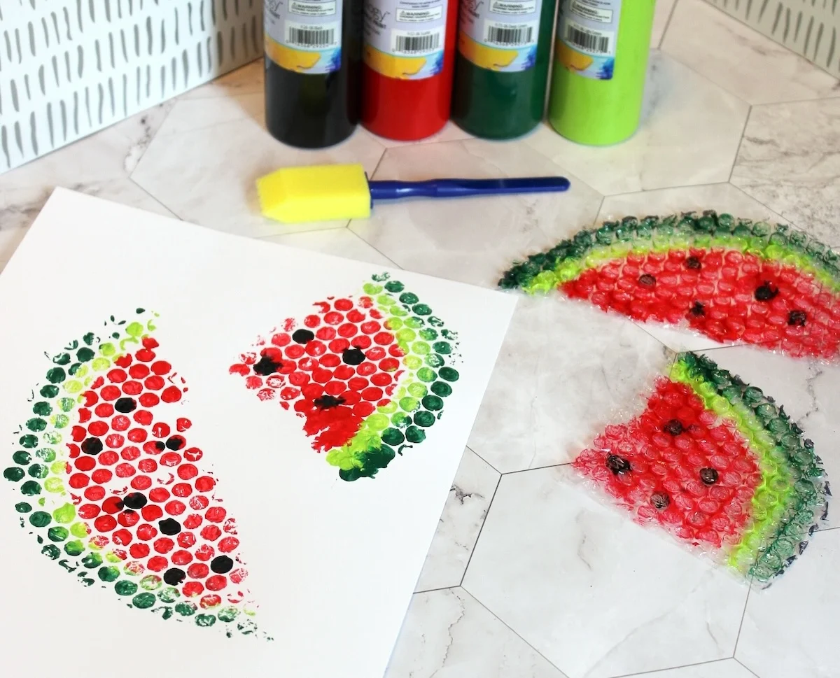 watermelons printed with bubble wrap and paint