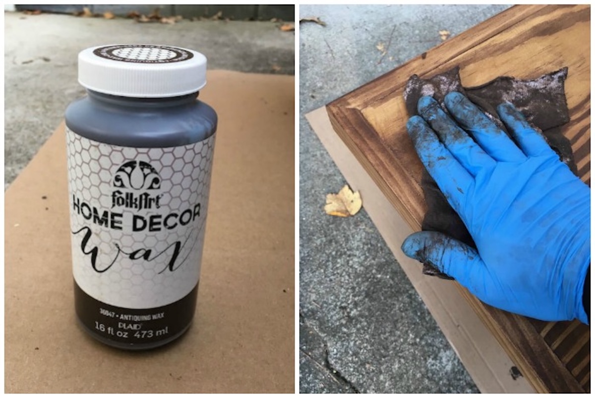 Adding FolkArt Home Decor wax to the bench with a rag