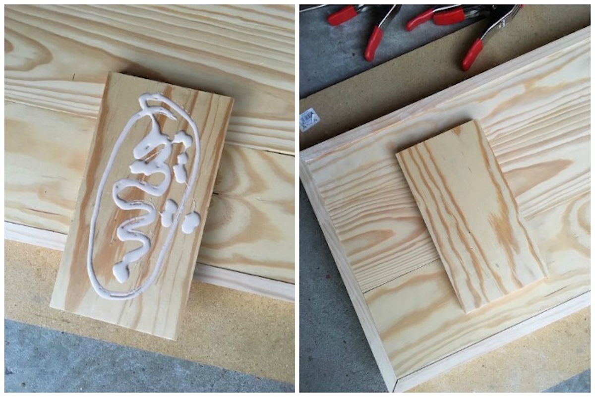 Applying wood glue to the bottom of a wood rectangle and applying to the bench bottom
