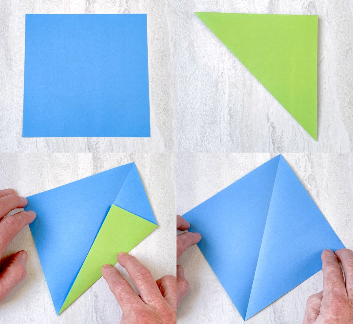 fold the blue green piece of paper in a shawl fold, then open up and fold the points toward the center