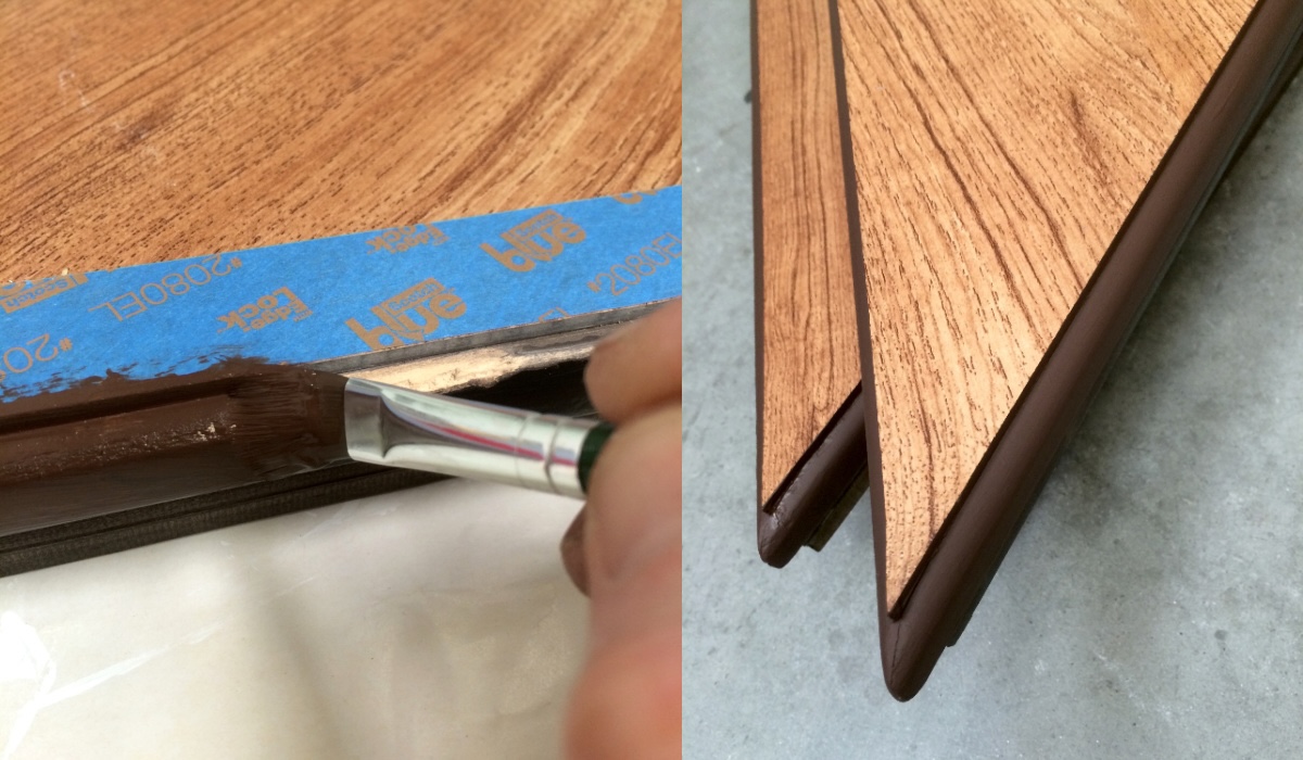 painting the edges of the table with a paintbrush
